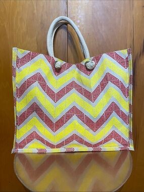 NWT The Royal Standared Chevron Zigzag Canvas Tote Yellow & Red 18x14.5x7.5”